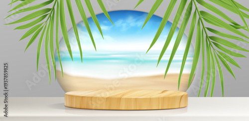 Summer beach podium with palm tree and ocean view, realistic vector background. 3D wooden product display platform with sandy shore. Tropical vacation scene with blue sky, summer cosmetic presentation