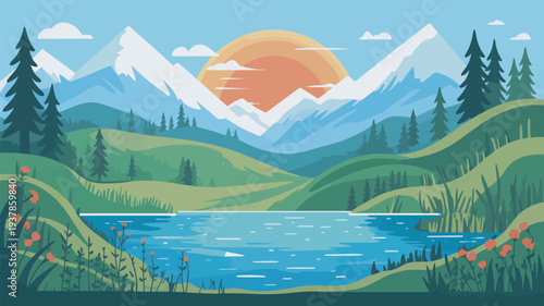 A serene landscape of rolling hills, a lake, and snow-capped mountains at sunset