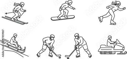 Illustrations of people engaging in various snow sports and activities
