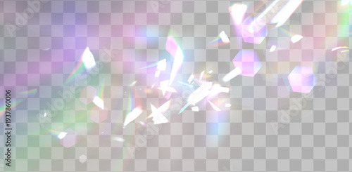 Iridescent crystal light refraction overlay on transparent background. Vector realistic illustration of sunlight spectrum burst, luminous diamond sparkles, magical holographic glass shine effect