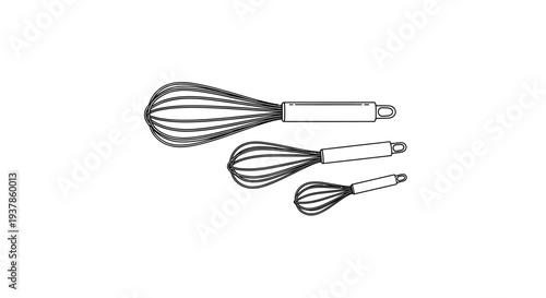 Three kitchen whisks of varying sizes in black and white illustration.