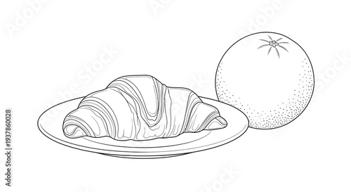Simple line drawing of croissant on a plate with a fruit.