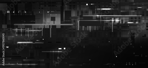 Black glitch background with pixelated noise effect. Vector realistic illustration of abstract video rewind pattern on damaged screen background, retro tv display, signal distortion, hacker attack