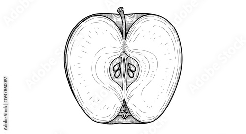 Detailed black and white illustration of a halved apple.