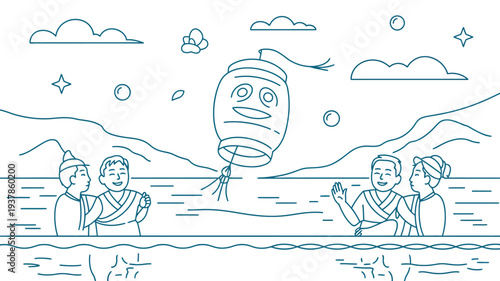 A group of people in traditional clothing enjoying a serene lake scene with a hot air balloon