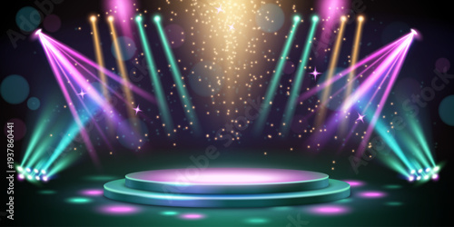 Award ceremony stage realistic vector background with round podium under golden spotlight. Luxury show, design with glitter gold stars and green and pink lights, winner presentations