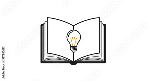 Open book with lightbulb inside illustration.