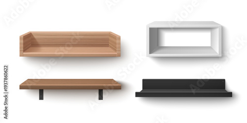 3D wooden shelves set isolated on white background. Vector realistic illustration of wall shelf for books, kitchen or bathroom interior design, natural wood furniture, shop display design elements
