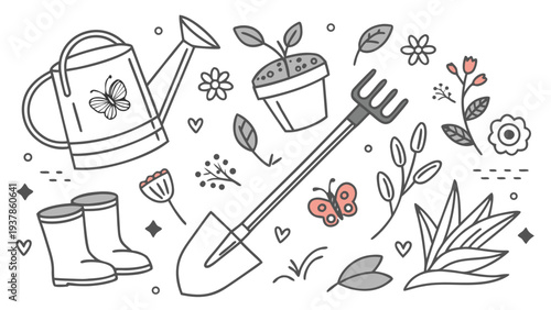 Vector illustration of Gardening tools and spring plants collection illustration with watering can shovel and rubber boots