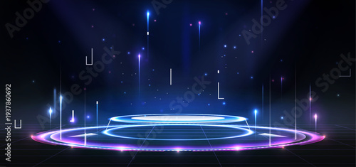 Future technology round podium with glowing blue hologram effect. Abstract vector background with tech portal and neon light beams, digital stage for product presentation in cyber punk space