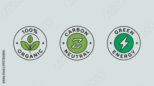 Three eco-friendly logos representing organic, carbon neutral, and green energy on a light green background