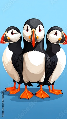 Cartoon depiction of three colorful puffins huddled together on a blue background