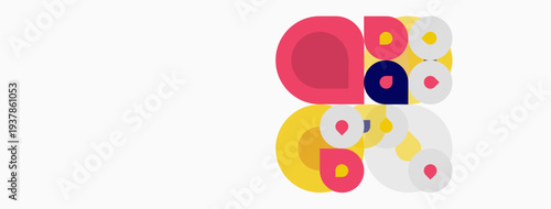 Colorful overlapping circles create abstract composition. Simple shapes, flat design, modern aesthetic. Bright hues dominate white background.