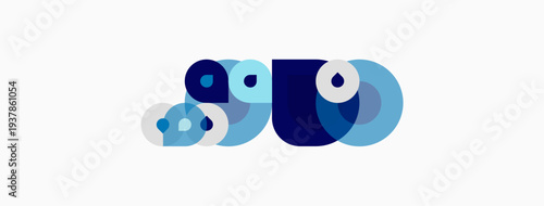 Abstract circles overlap, creating dynamic visual composition. Blue shades dominate, suggesting depth, movement. Minimalist design.