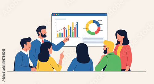 Team discussing data analysis on presentation screen.