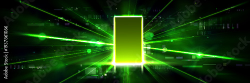Futuristic digital open door or portal, glowing neon cyberspace. Abstract vector background with dynamic light streams and glich effect, 3d tech gate entrance with green light beams or rays