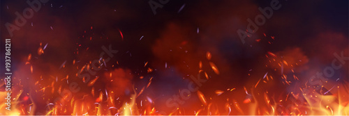 Realistic fire flames with glowing sparks and smoke effect on black background. Vector illustration of fiery orange and red burning embers, dramatic heat overlay