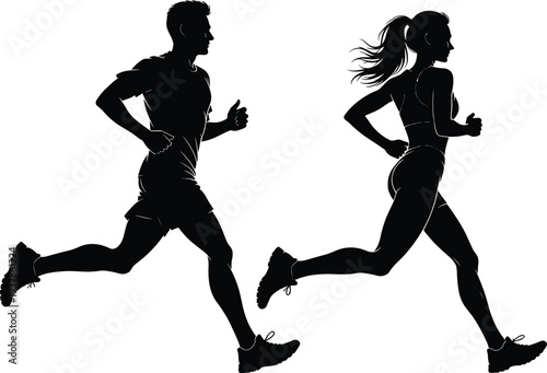 Silhouette of athletic man and woman running isolated on white background, dynamic marathon sprint action, fitness training concept, healthy lifestyle illustration