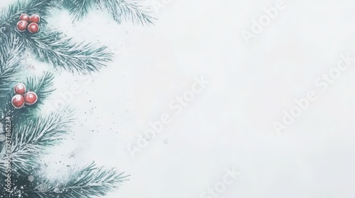 Gentle winter scene featuring frosty pine branches adorned with red berries on a snowy background