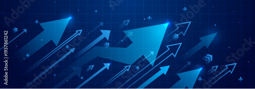 Blue neon arrows growing up, financial success abstract vector background. Modern upward graphic, market rise, stock progress metrics, and business success strategy with futuristic design elements.