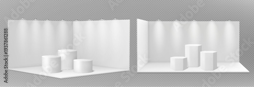 3D booth mockup with clean white walls, empty space and cylindrical podiums, Vector set isolated on tarnsparent background. Exhibition room box, product displays with realistic corner perspective