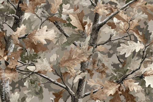 Seamless forest camouflage pattern featuring realistic tree bark, pine branches, and dried autumn leaves for hunting and tactical concealment