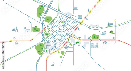 City Map with Roads and Parks.
