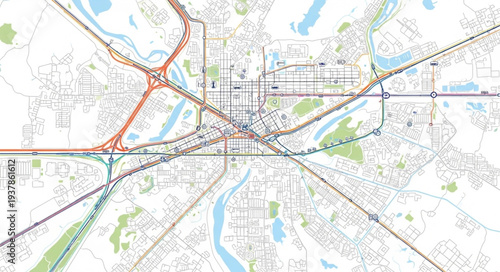 City Map with Roads and Rivers.