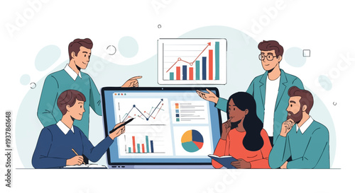 Business team analyzing data on digital screen.