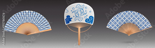 Japanese fan with traditional ornate paper design, realistic vector illustrations isolated on transparent. Asian handheld accessory with wooden bamboo handle and decorative oriental fish patterns
