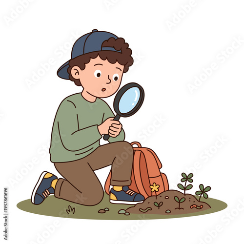 Curious caucasian boy in baseball cap examining soil with magnifying glass near small plants on ground, backpack beside him on white background, concept of childhood exploration and science education