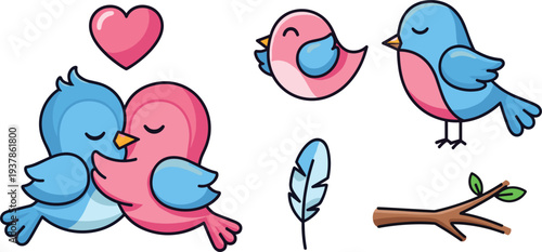 Cute Bird Illustration Set with Love Birds Kissing, Heart, Flying Blue Bird, Pink Bird, Blue Feather, and Tree Branch Icons