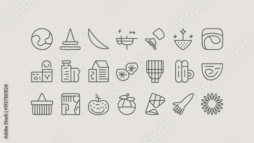 A collection of various food and household icons in a simple line art style on a beige background