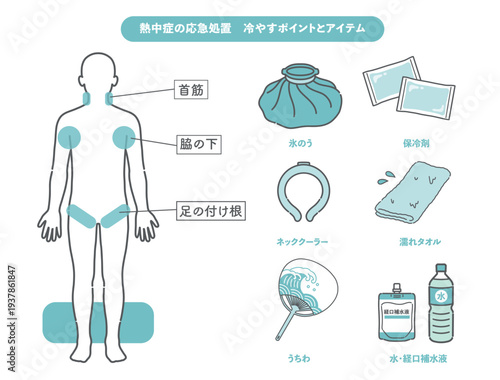 熱中症の応急処置・冷やすポイントと対策グッズの図解イラスト