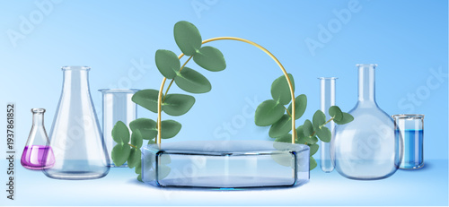 Glass podium with transparent lab glassware, golden arc and green leaves , realistic vector background. Flasks with pink, blue liquids, geometric platform and arch for laboratory display, presentation