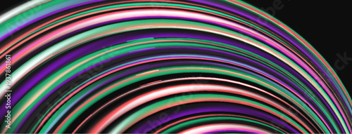Abstract colorful lines forming semicircle. Dark background emphasizes vibrant hues, creating modern visual effect.