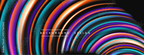 Abstract colorful lines form dynamic curves. Gradient shades create modern visual impact. Design features text overlay, black background.
