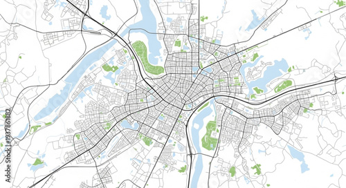 City Map with Roads and Rivers.