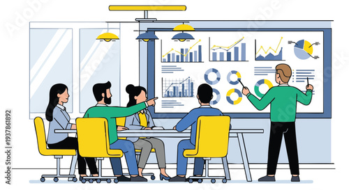 Business team analyzing data on whiteboard in meeting.