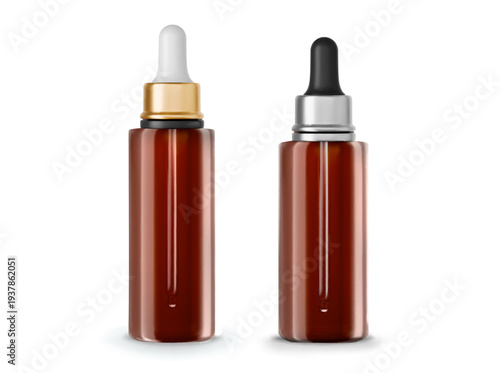 Realistic cosmetic serum bottles mockup with dropper, vector set isolated on white background. Brown glass transparent containers with black, golden and silver cap, skincare product packaging