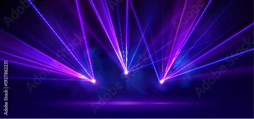 Vibrant laser beams in darkness, dynamic light rays with flare, abstract vector background. Concert stage, nightclub events, and party banner with neon glow effects