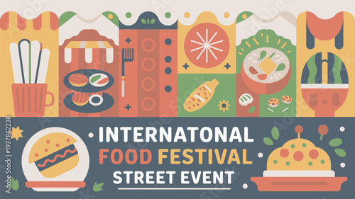 A vibrant illustration of a street food festival with various international dishes and colorful graphics