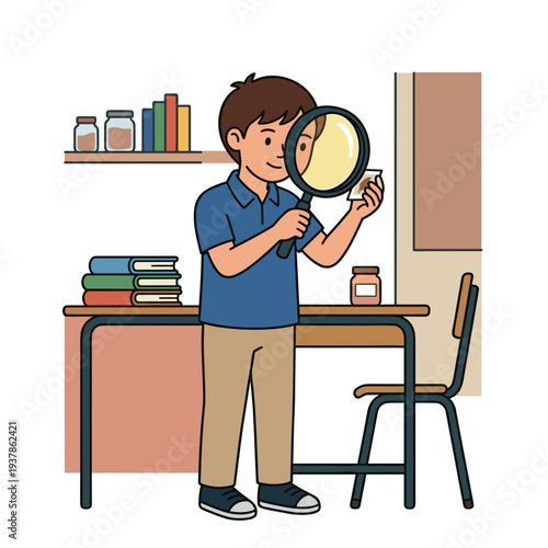 Curious schoolboy examining sample through magnifying glass in classroom with books and shelves, concept of scientific research and childhood learning