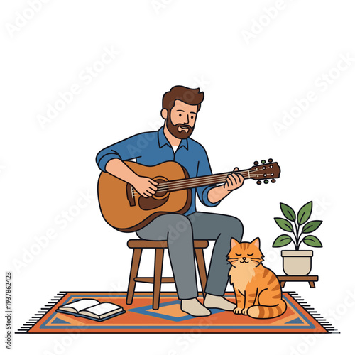 Bearded man playing acoustic guitar while sitting on stool with ginger cat beside him on cozy rug, concept of home music hobby and relaxation