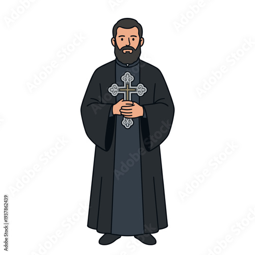 Orthodox priest in black robe holding silver cross in hands, concept of christian faith devotion and religious leadership