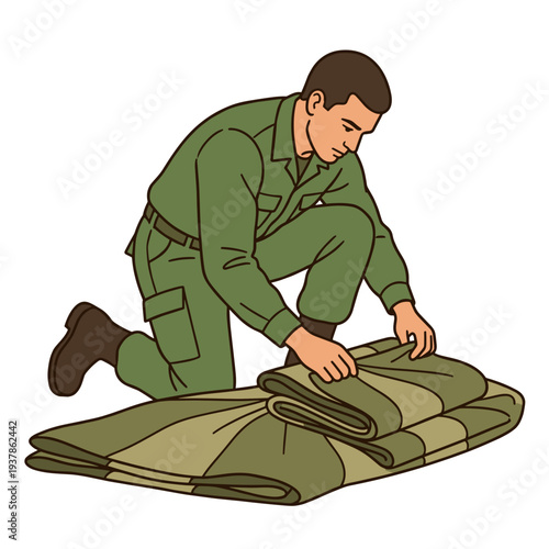 Military paratrooper in green uniform folding parachute after landing, concept of army training discipline and airborne forces