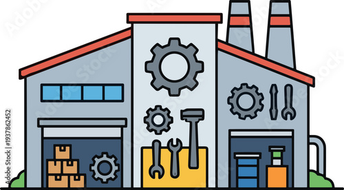 An industrial factory with gears, tools, and machinery in a warehouse setting.