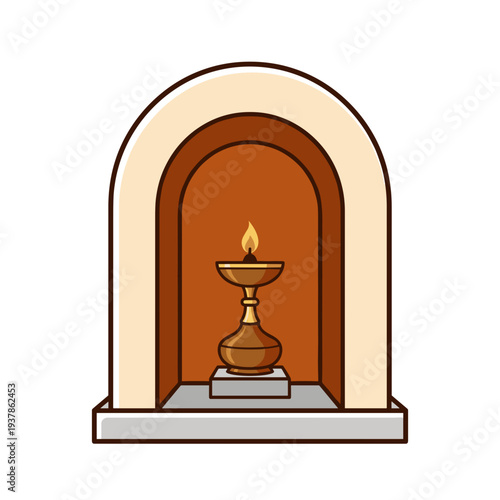 Traditional oil lamp burning inside small shrine niche with warm glow, concept of faith spirituality and sacred ritual atmosphere