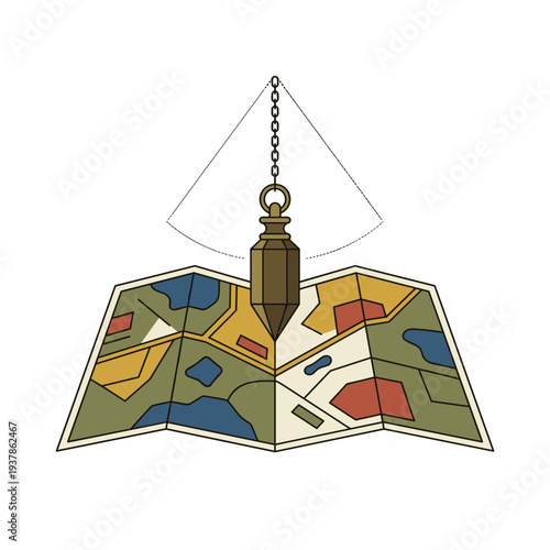 Metal pendulum swinging over folded map as divination tool, concept of dowsing mysticism and spiritual search
