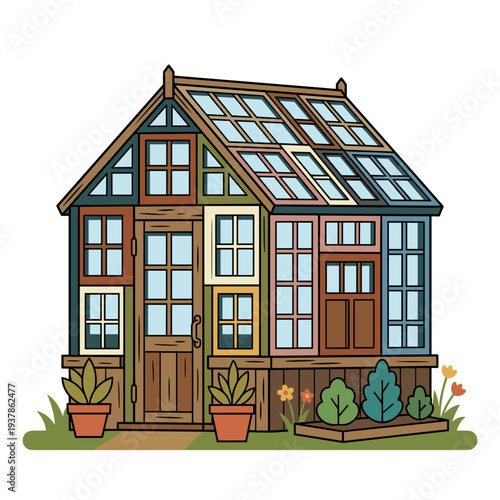 Small backyard greenhouse built from recycled old windows with plants inside, concept of sustainable gardening and eco friendly living